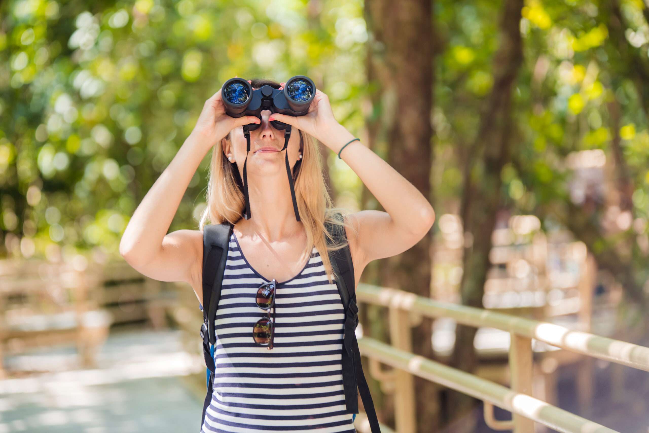 Tourists woman with Binoculars Looking for something along the forest