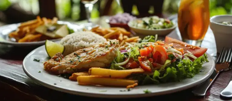 Costa Rican fish plate with salad, rice, bread, and fries